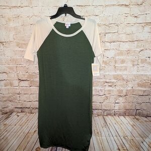 ~Lularoe Julia Medium Green Tan Raglan 3/4 Sleeves Women’s Casual Dress NWT
